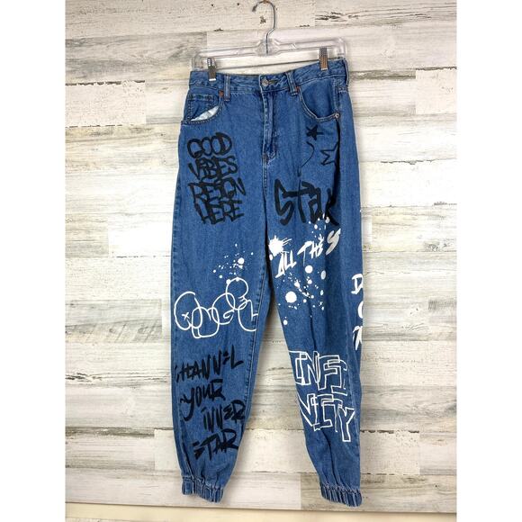 SONG Women’s 28 Blue Denim Graffiti Paint Splatter Zip Jogger Jeans - Picture 3 of 10